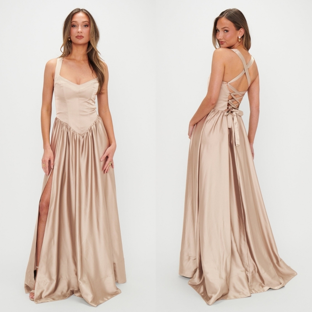 Show Me Your MuMu Abigail Maxi Champagne Luxe Satin Dress L Wedding Party Prom - Picture 1 of 8